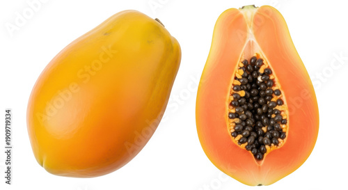 Fotografie Ripe papaya fruit isolated PNG, one whole and one half with seeds on transparent