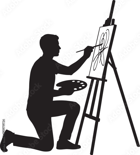 Black silhouette of man painting on easel with brush and palette also transparent background