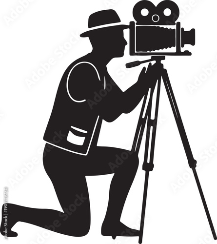 Black silhouette of man in hat kneeling behind old camera on tripod also transparent background