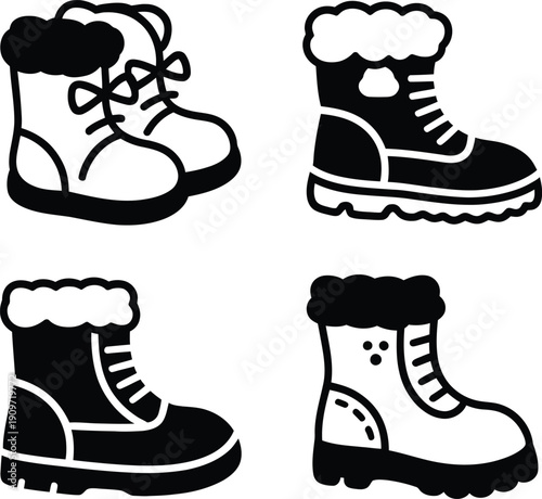 Collection of four different winter boots with fur trim in black and white