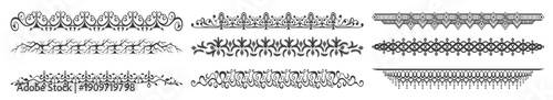 Hand-drawn text dividers and borders in a vintage black ink style for decorating documents and pages. Vintage ornamental dividers and elegant vector borders, vector illustration.