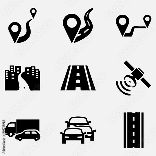 GPS Location Road and Traffic Symbol Icon Set