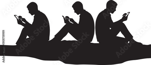 Three men sitting on ground looking at smartphones in black silhouette against white background also transparent background