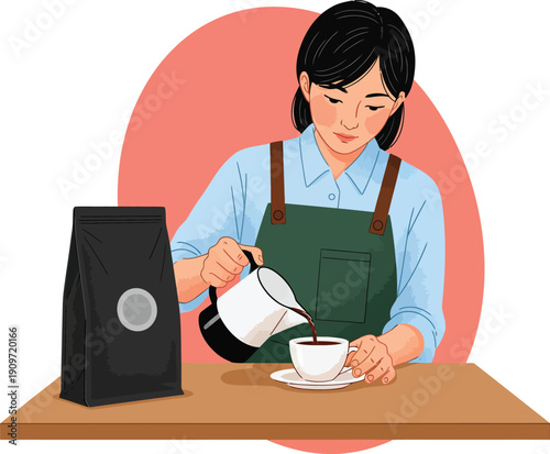 A focused female barista with short black hair and a green apron pouring coffee into a white cup.
