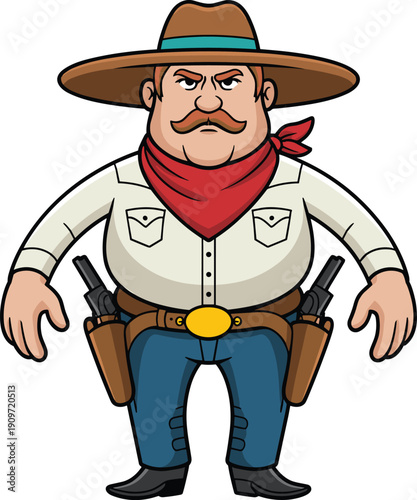 Cartoon cowboy sheriff with revolvers, wild west gunslinger character illustration isolated on white background, western mascot vector design