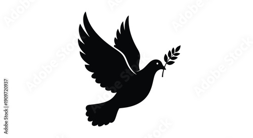 Black silhouette of a dove flying with an olive branch in its beak on white background