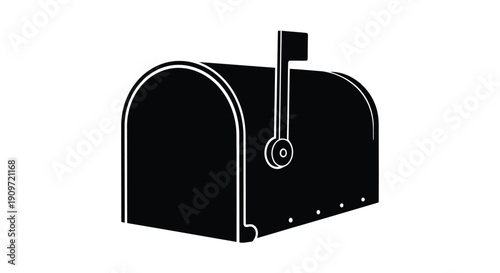 Black mailbox silhouette with flag up, minimalist flat design symbol
