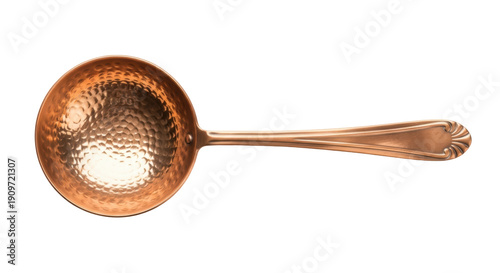 Hammered copper ladle isolated PNG on transparent background, vintage kitchen utensil for serving soup and sauces, antique style