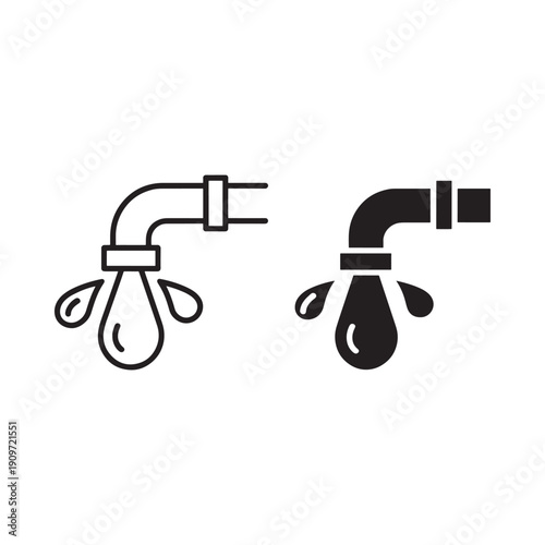 Leaking faucet icon set outline and filled versions shown in black and white