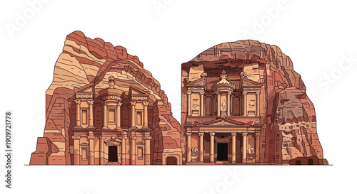 Ancient Petra Treasury building carved into Jordanian desert mountain