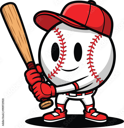 Cartoon baseball player mascot with red stitching cap and gloves ready to bat.