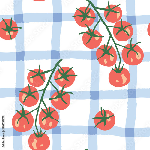 Red cherry tomatoes, blue gingham, white background. Vector illustration. Seamless pattern. Summer trendy design. Vegetable garden