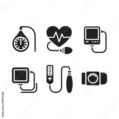 Medical equipment icons blood pressure heart rate monitor and diagnostic tools