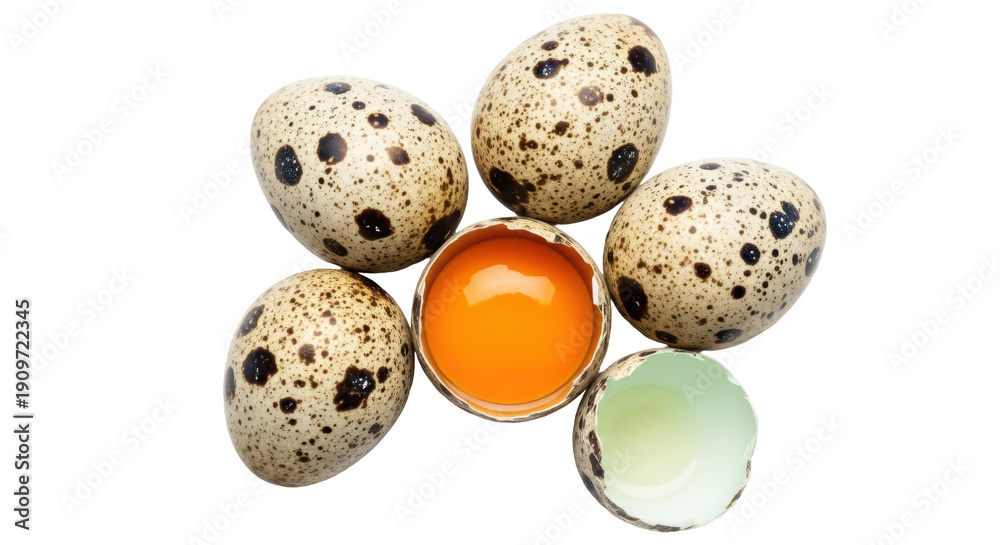 Obraz premium Speckled quail eggs PNG isolated on transparent background, small bird eggs with brown spots for Easter and culinary use
