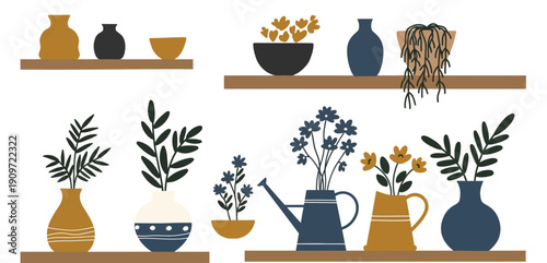 Illustration of various vases and plants on wooden shelves in earthy tones