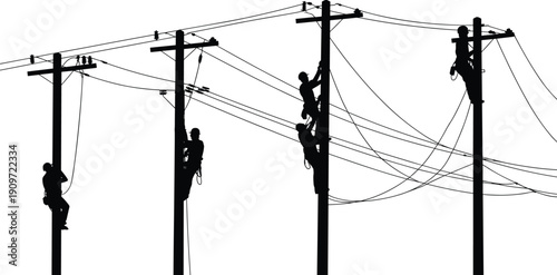 Silhouette of utility workers climbing power poles maintaining electrical infrastructure with safety gear, teamwork, energy distribution network lines