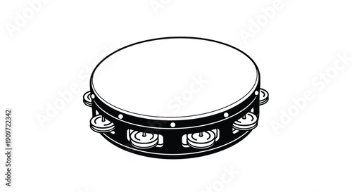 Black and white line drawing of a tambourine with metal jingles, flat design