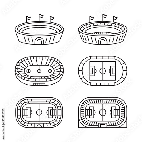 Line art illustrations depicting various stadium designs and architectural views