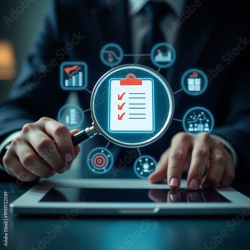 Business Data Analysis Concept with Magnifying Glass Over Digital Checklist and Warning Icon