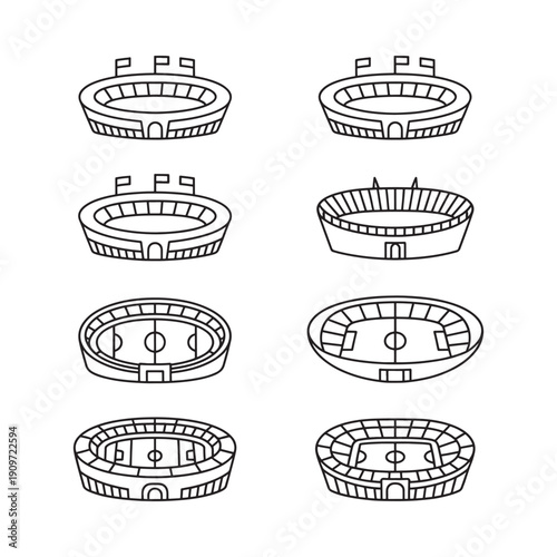 Line art illustrations depict various stadium and arena designs
