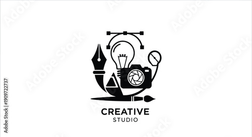 Minimalist creative studio logo with lightbulb, camera and art supplies in flat design
