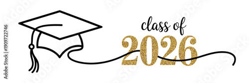 Graduation cap and class of 2026 gold glitter text on white background
