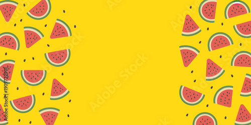 Watermelon slices on bright yellow background with seeds scattered around