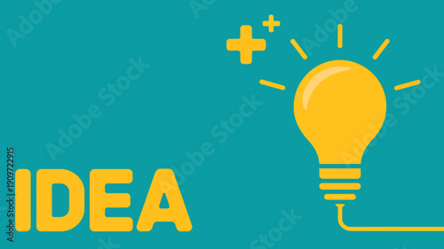 Yellow light bulb with plus sign and lines on teal background representing an idea