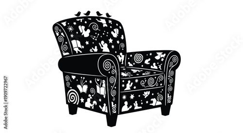 Black and white whimsical armchair silhouette with fantasy patterns and stars
