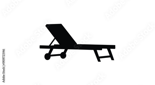 Black silhouette of a reclining lounge chair with wheels on a white background