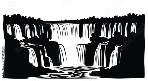Black silhouette of a scenic waterfall with multiple tiers and flowing water