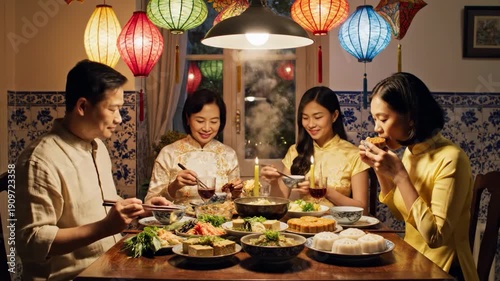 Family sharing food under colorful lanterns with lit candles