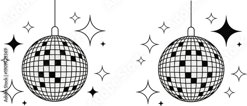 Disco ball outline illustration set hanging isolated on white background, retro party mirror sphere line art for nightlife design projects