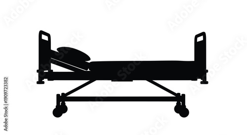 Black silhouette of a hospital bed with wheels and raised side rails on a white background
