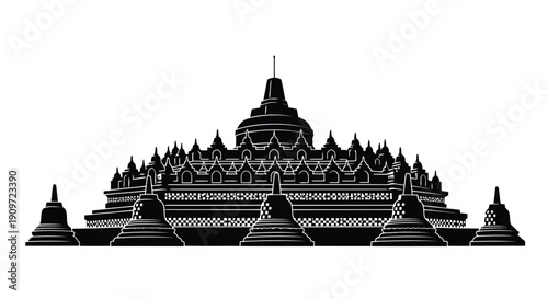 Black silhouette of a large Buddhist temple complex with multiple stupas and intricate details against a white background