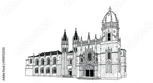 Black and white architectural illustration of a large ornate building with towers and domes in a Gothic style