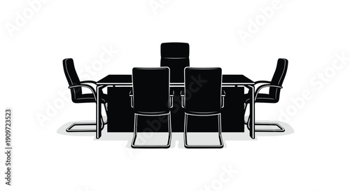 Black silhouette of a conference table with five office chairs in a minimalist flat design