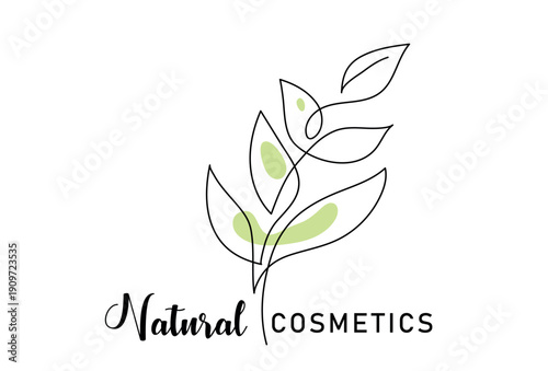 Natural cosmetics logo with branch line art. Minimalist botanical leaf vector for beauty branding, organic skincare, and wellness products