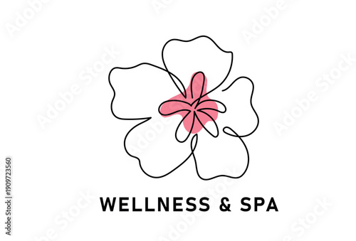 Wellness and spa logo with hibiscus flower line art. Minimalist tropical blossom vector for beauty salon, relaxation center, and health branding