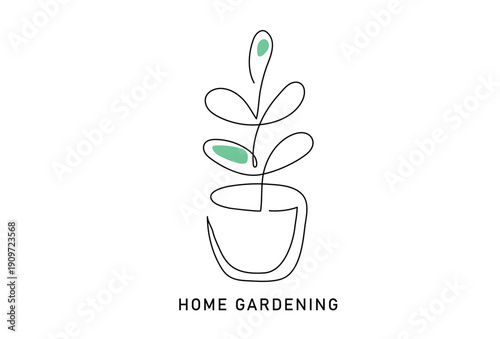 Home gardening logo with potted plant line art. Minimalist botanical houseplant vector for flower shop, interior decor, and garden branding