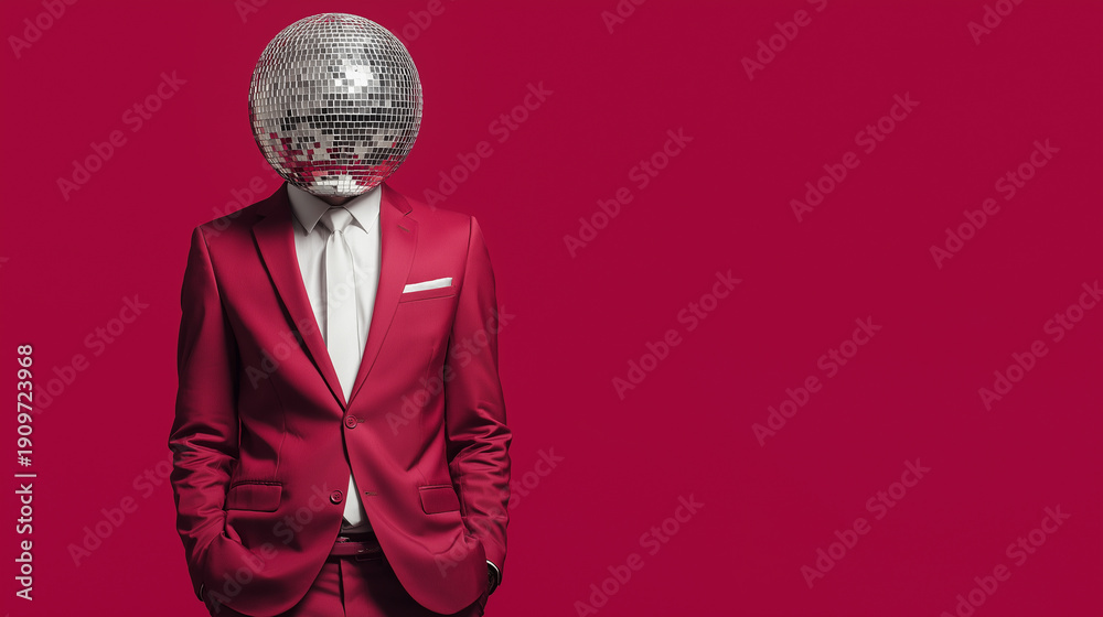 Obraz premium Creative Business Concept with Disco Ball Headed Man in Red Suit on Vibrant Background