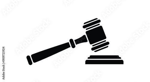 Black silhouette of a gavel on a sound block, minimalist flat design symbol