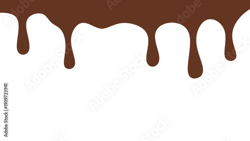 Melted chocolate or syrup drips isolated on a white background. Flowing liquid chocolate border element. A sweet brown syrup or sauce that melts and drips.