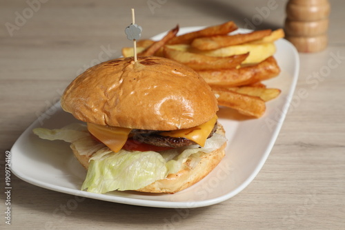 Photography Hamburger avec frites sur une assiette