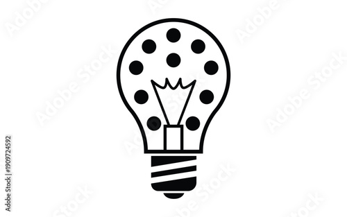 A simple black and white illustration of a lightbulb with dots