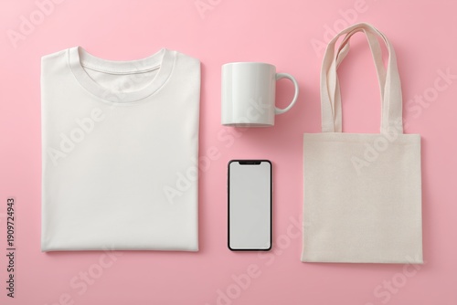 Pastel Pink Background Mockup with White T-Shirt, Mug, Smartphone and Bag