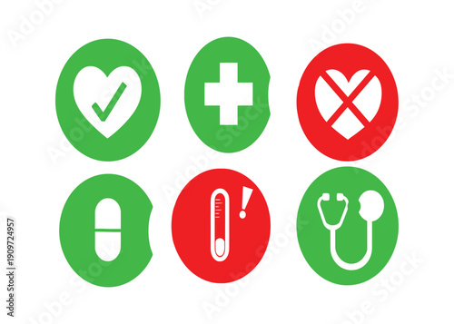 Collection of Medical and Health Icons representing Healthcare Symbols and Medical Symbols, including vital signs, check-up, pills, and stethoscope