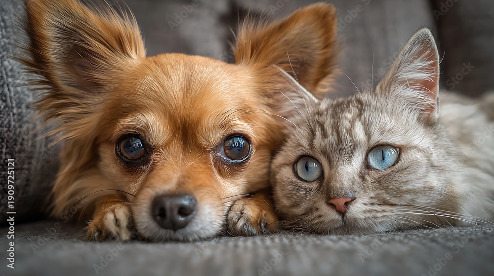 Obraz premium A dog and cat cuddling close on a couch, showing eyes with different hues