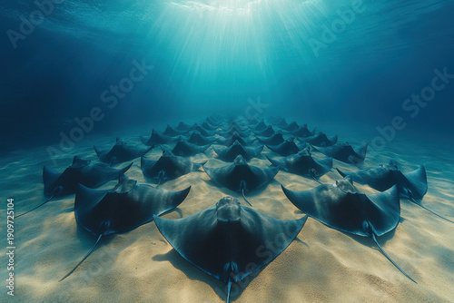 Group of stingrays swimming in ocean.