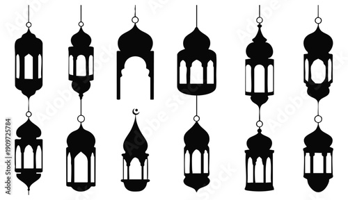 A striking black and white graphic illustration featuring a collection of twelve distinct Islamic lantern silhouettes arranged in two horizontal